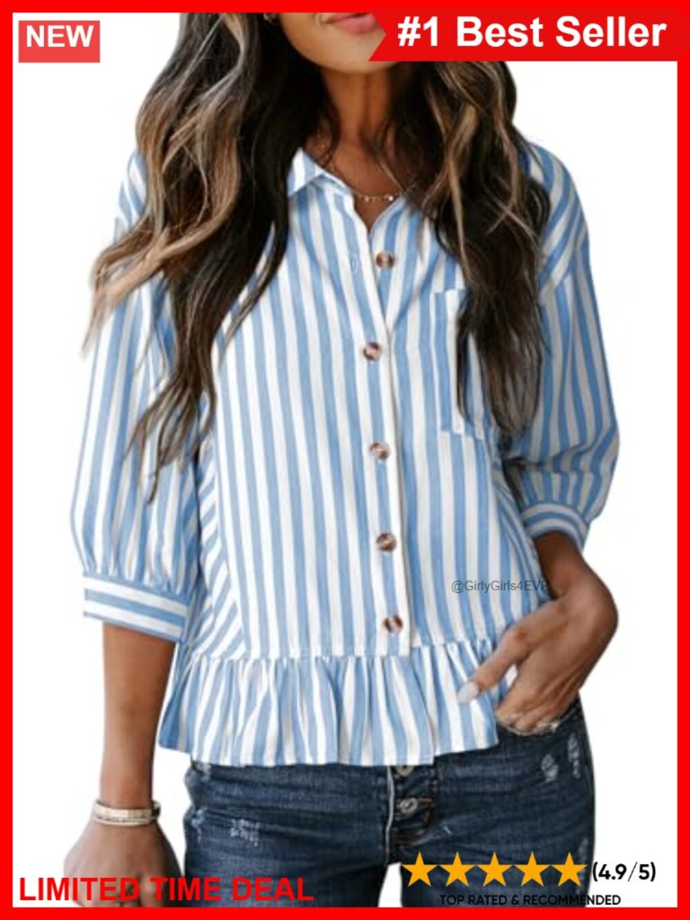 Dokotoo Women's 3/4 Sleeve Button Down Peplum Babydoll Striped Blouse